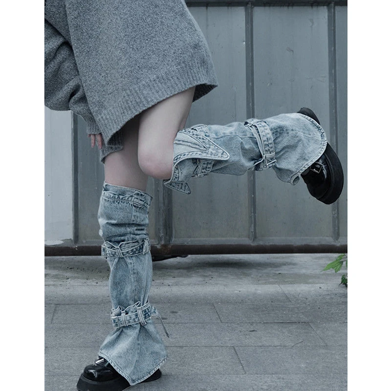 Women s Y2K Denim Leg Warmers 80s Knee High Harajuku Buckle Jean Socks Punk Gothic Leg Cover Stockings Streetwear