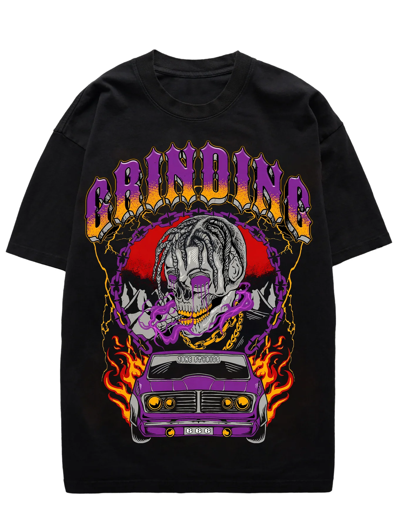 

Skull and Vintage Car Pattern T-Shirt Street Hip Hop Crew Neck Top Breathable Soft High Quality Unisex T-Shirt Men's Clothing