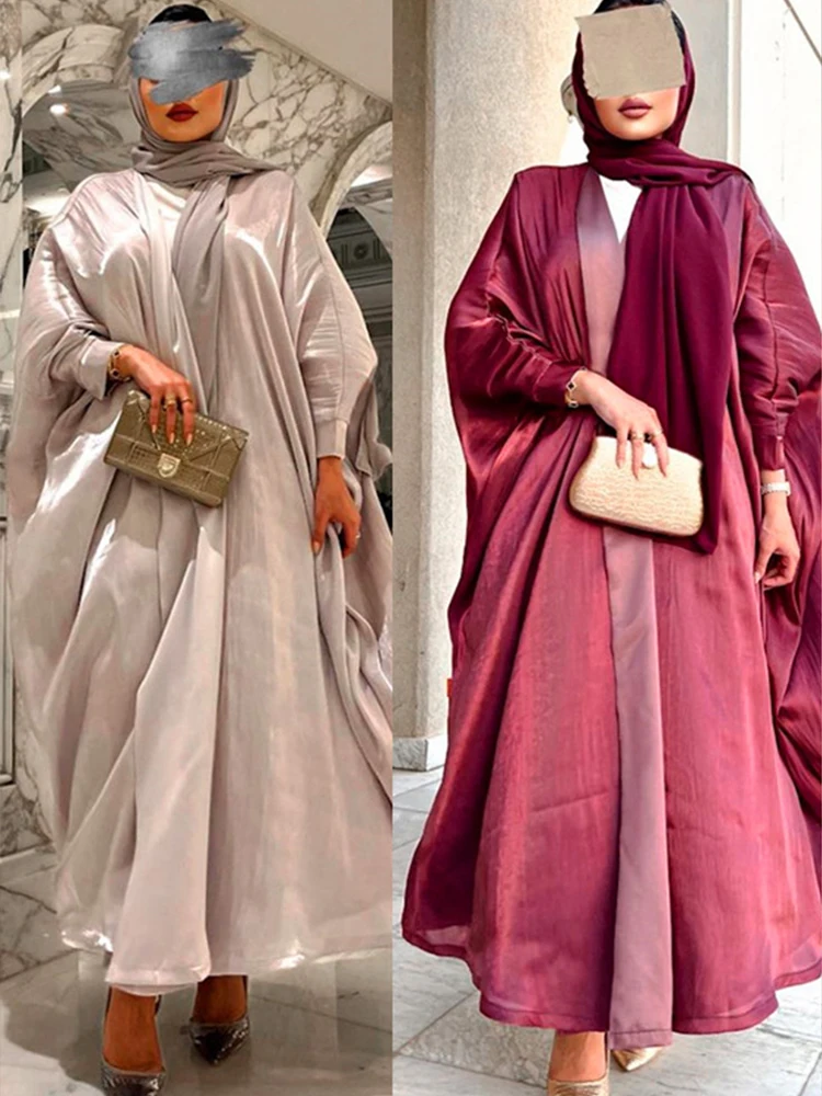 Abayas en Satin Soyeux pour Femme Musulmane, Robe Maxi, Manches sulfChauve-Souris, Caftan Dubaï, Robe Éducative Large, Eid, Maroc