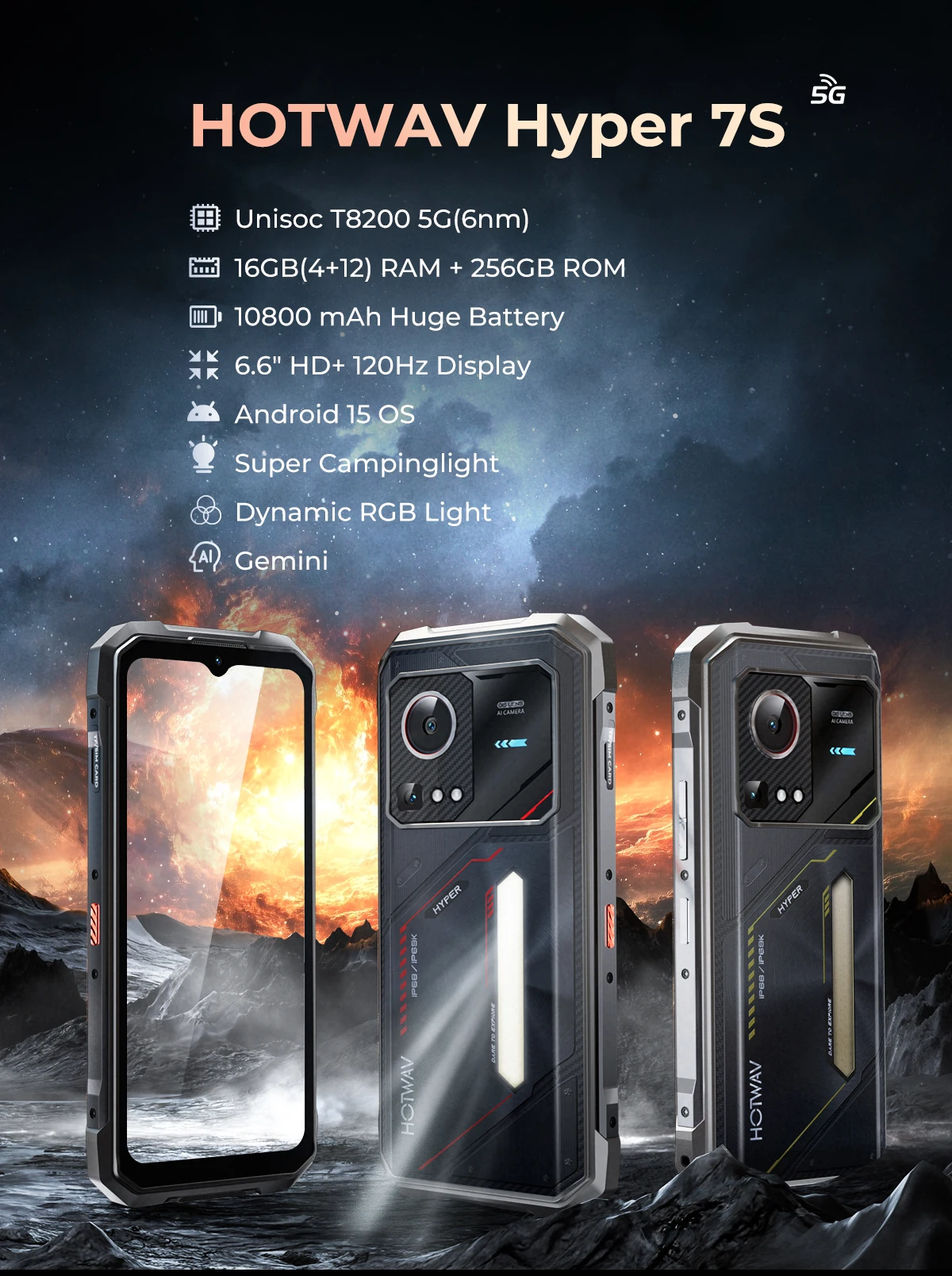 HOTWAV Hyper 7S Rugged Phone 5G Octa-core Android 15 Smartphone 6.6'' HD+ 120Hz 10800mAh 20W Mobile Phone 4GB 256GB Cellphone