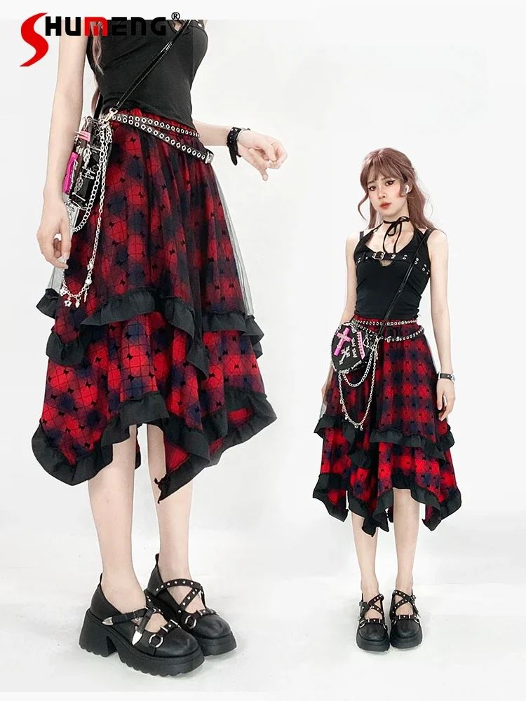 

American Vintage Gothic Subculture High Waist Irregular Punk Red Plaid Skirt Lace Splicing A-line Y2K Skirt for Women Summer