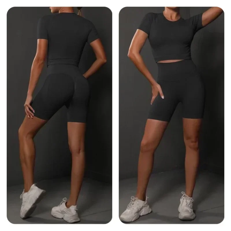 Novo sem costura pêssego hip cor sólida alta estiramento yoga shorts de manga curta conjunto para corrida, esportes e fitness conjunto de duas peças