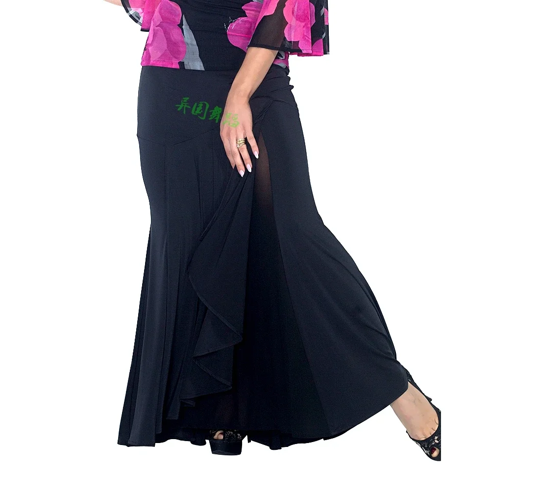 Ballroom dance modern dance high split on the front left with inner mesh package hip long skirt multi front layers skirt S15006