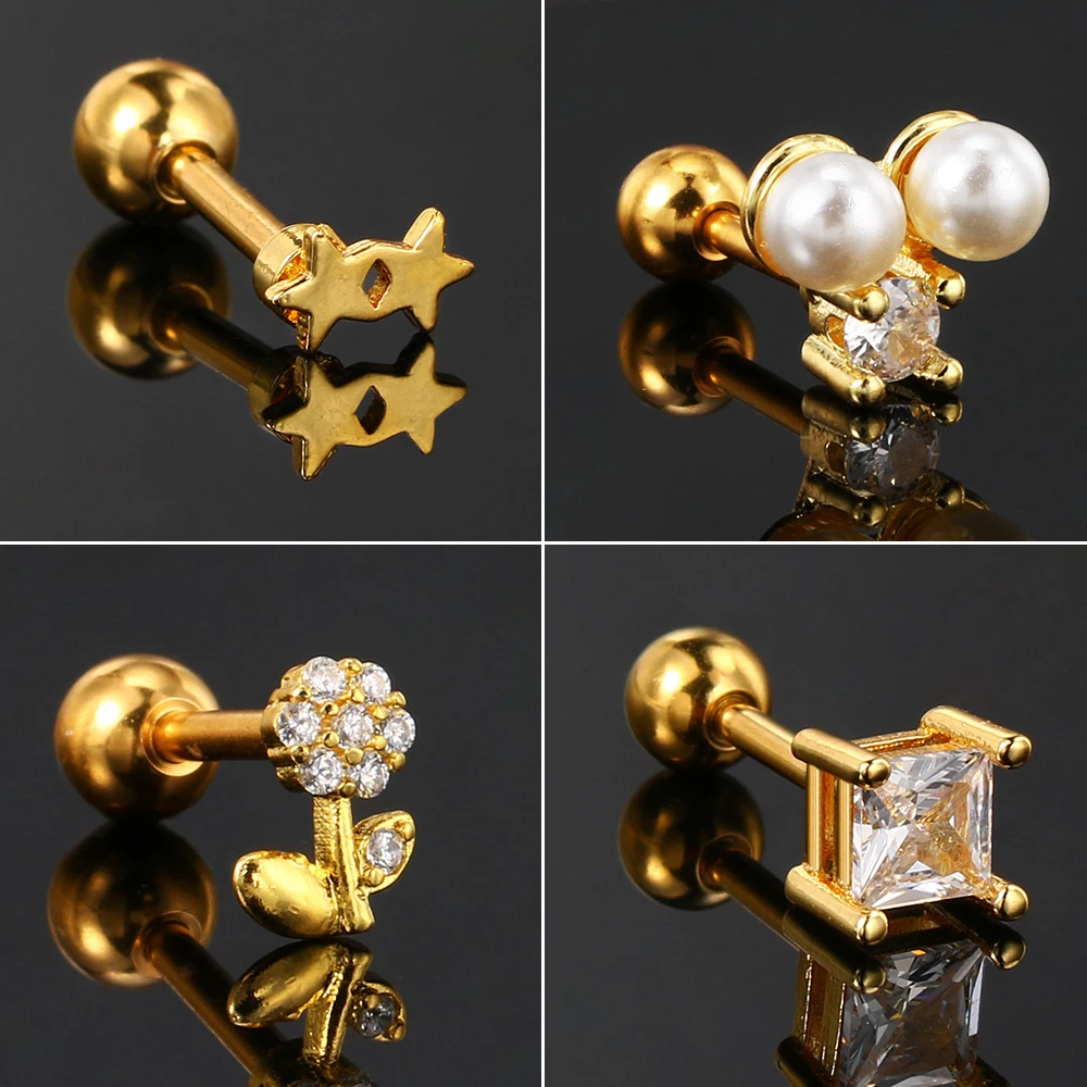 Zircon Flower dangle Pピアスイヤリング女性用、耳珠、ロック、チェーン、スタッド、ヘリックス、バック、アイスクリーニングアクセサリー、ゴールドカラー、ジュエリー、1個