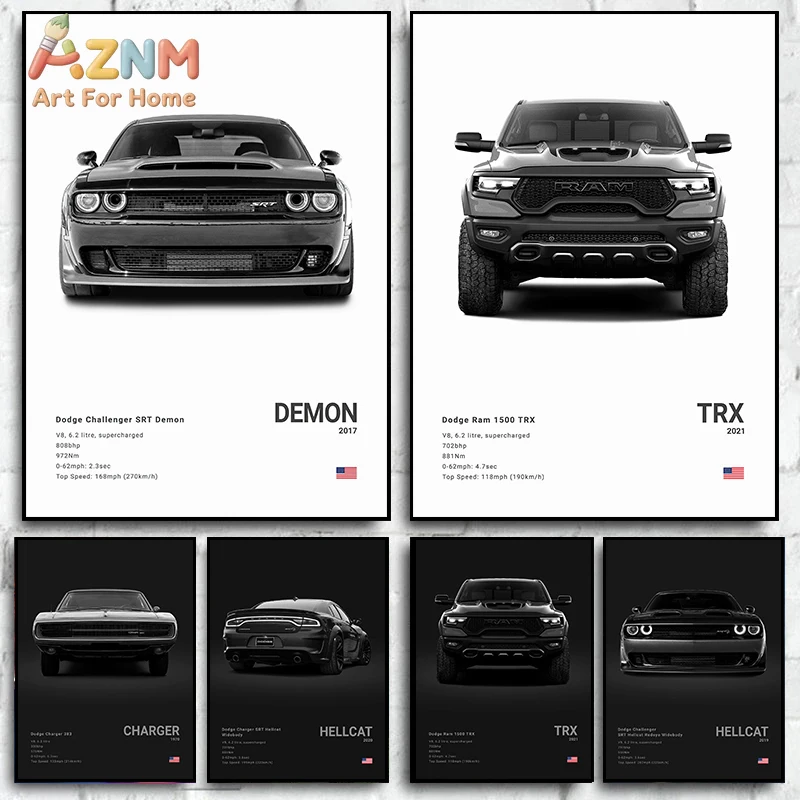 AZNM Dodge Challenger SRT Demon & Ram 1500 TRX Impresión artística de pared en blanco y negro, póster de lienzo sin marco, Minimalist America