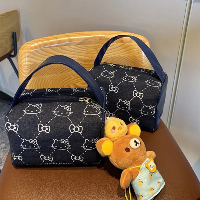 헬로 키티 데님 핸드백 Sanrio Anime Wash Bag 대용량 메이크업 케이스 휴대용 토트 패션 가방 여성용 배낭 선물
