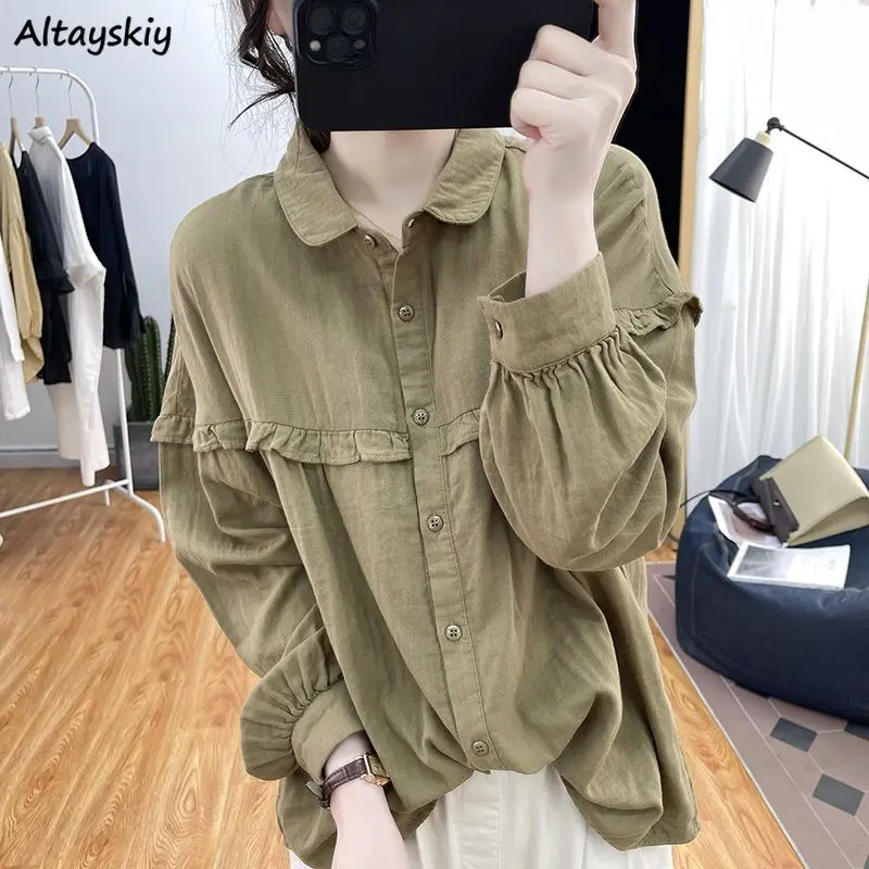 

Shirts Women Vintage Lapel M-3XL Office Lady Ulzzang Sweet Designed BF Chic Literary New Lantern Sleeve Harajuku Camisas Popular