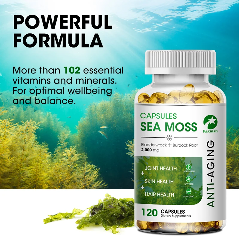 Kexinsh 60/120 Sea Moss Capsules Raw Organic Rich In Vitamin Mineral Boost Immune System Sea Moss Extract Supplement