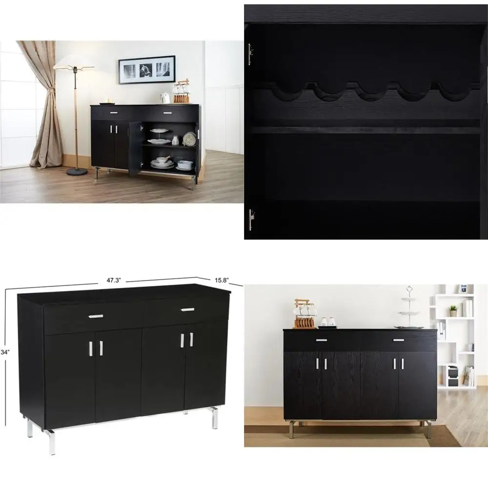 

Contemporary Dining Sideboard with Built-in Wine Rack, 47.3 W x 15.8 D x 34 H, Black and Chrome Finish