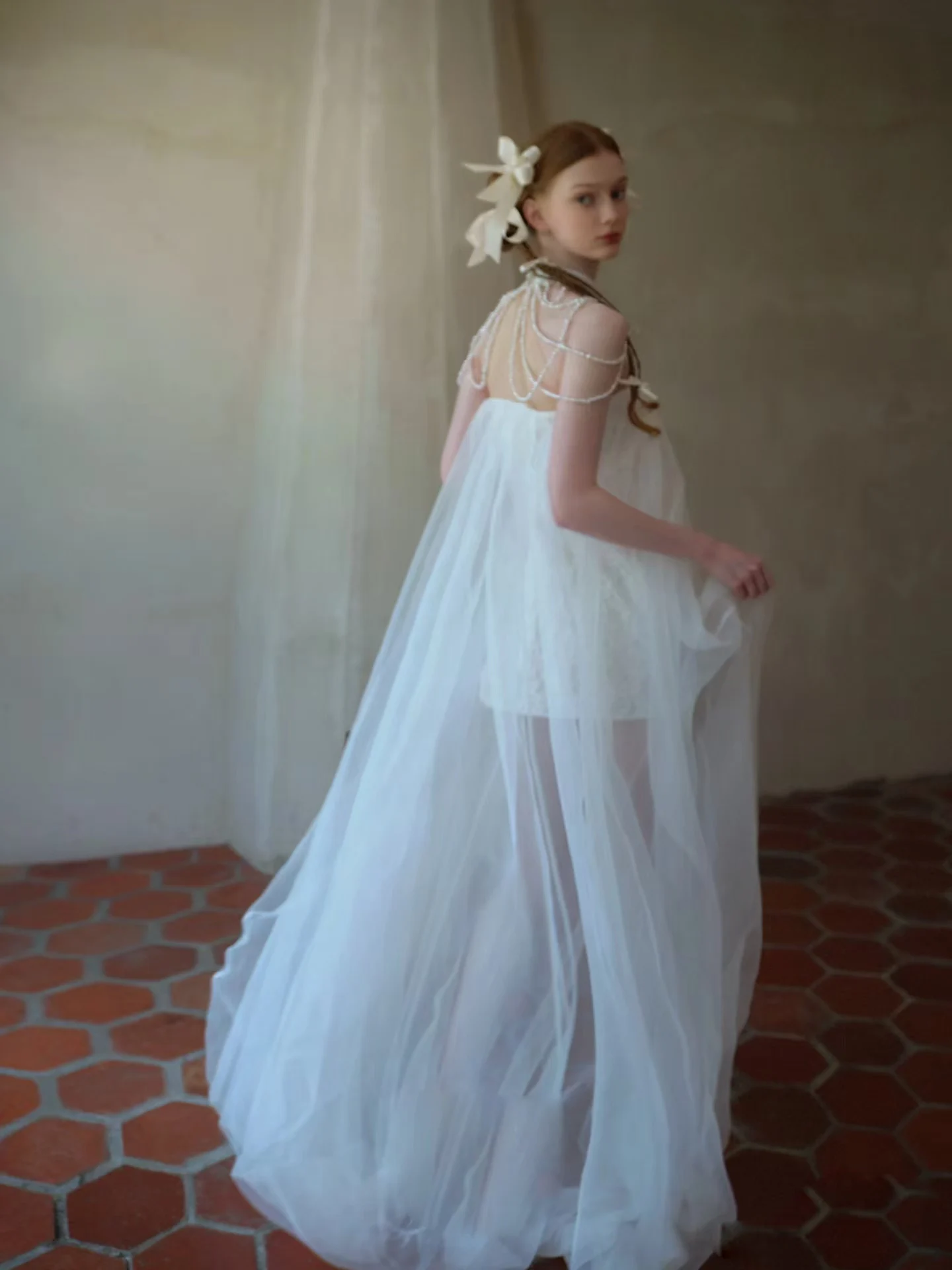 High Neck A Line Wedding Dress Tulle Skirts Bohemian Bridal Gowns With Pearls Beading Line  DW972