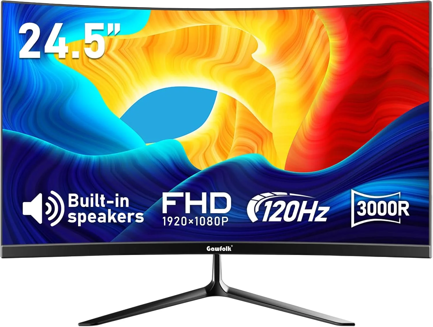 Gawfolk Pantalla para PC de 24,5 pulgadas, monitor para juegos curvo (3000R) de 120 Hz con parlantes incorporados FHD 1080p 1 ms sin bisel, 98% sRGB, 178 °