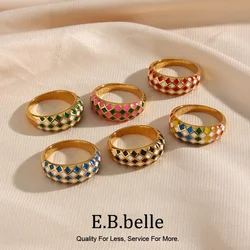E.B.belle Design Tarnish Free Stainless Steel Colorful Pink Green Yellow Blue Enamel Checker Rings For Women Geometric Jewelry