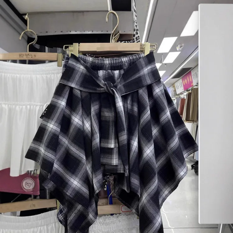 Style Irregular Color Block Plaid Half Skirt Women Summer College Style Versatile Belt High Waist Shirt Short Skirt