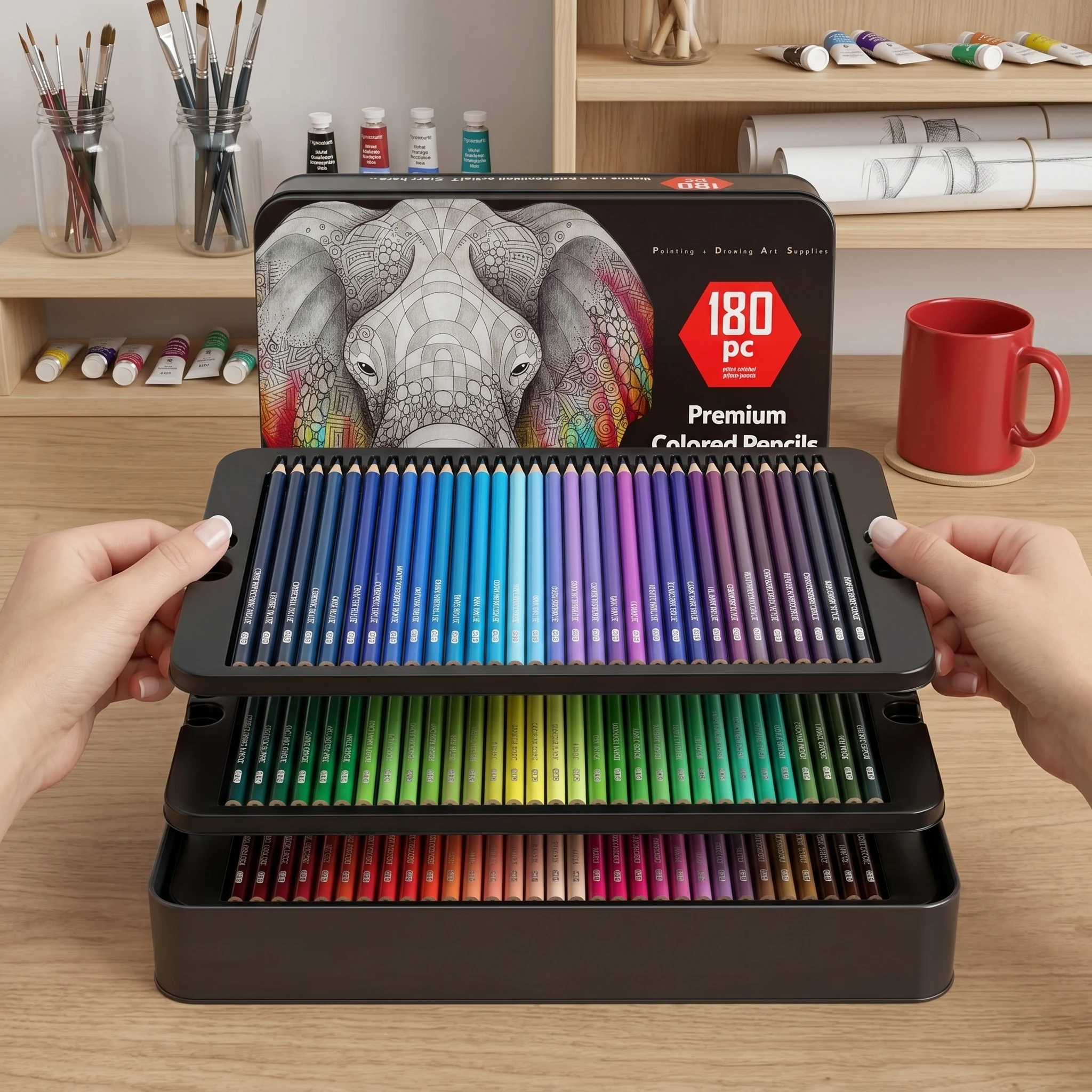 色鉛筆180本セット-ワックスベースのカラーペン-鮮やかな発色-大人向けプロ用画材入りブリキ缶入り