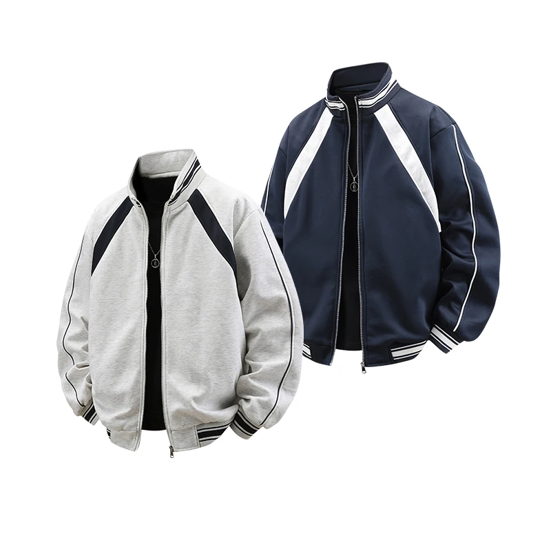 

Осенне-зимняя мужская вязаная куртка в американском стиле с пэчворком и цветными полосками, воротником-стойкой, длинными рукавами, свободного кроя