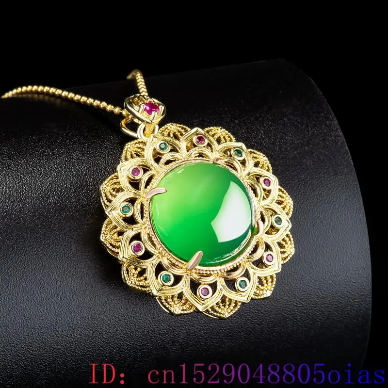 Green Real Jade Agate Flower Pendant Necklace Gifts for Women Fashion Natural Jewelry Amulet 18K Gold Plated Carved Accessories