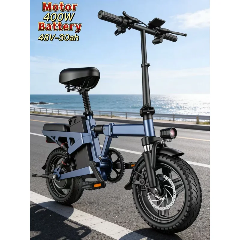 

14-дюймовый складной электровелосипед мощностью 400 Вт из алюминиевого сплава, многофункциональный амортизирующий велосипед для взрослых, 48 В-30 Ач, с литиевой батареей, электрический велосипед