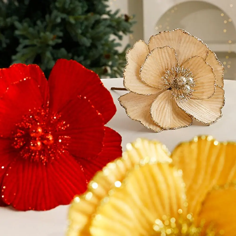 15cm Artificial Glitter Christmas Flower Sequins Flocking Christmas Poinsettia Flower Large Realistic Simulated Christmas Flower