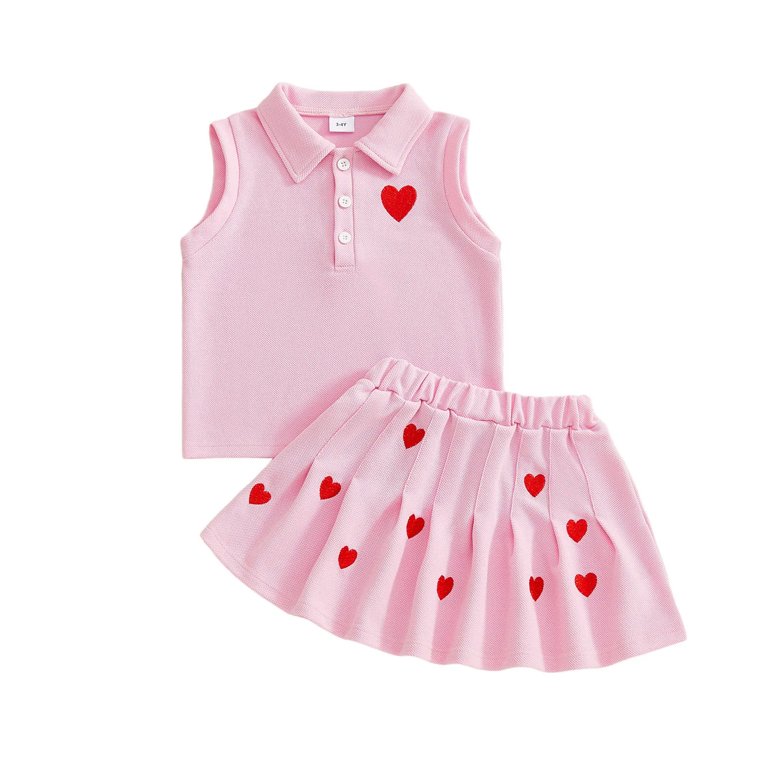 

Valentine s Day Girls 2 Piece Outfits Heart Embroidery Sleeveless Turn Down Collar Tops and Elastic Waist Skirt Set
