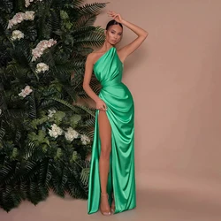 Women's Elegant Directional Design Dress 2024 Summer One Shoulder Shrunken Pleated Stretchy Split Gown Long Dress