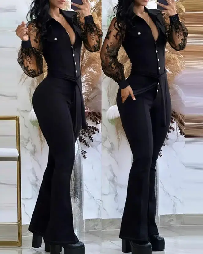 Jumpsuit Women 2023 Spring Fashion Buttoned Tied Detail Turn-Down Collar Plain Long Sleeves Skinny Daily Long Flared Jumpsuit