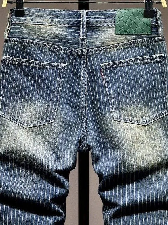 High-End Lightweight Stripe Denim Shorts Men Summer New Fashion Loose Straight Five-Point Pants Youth Versatile Mid-Pants