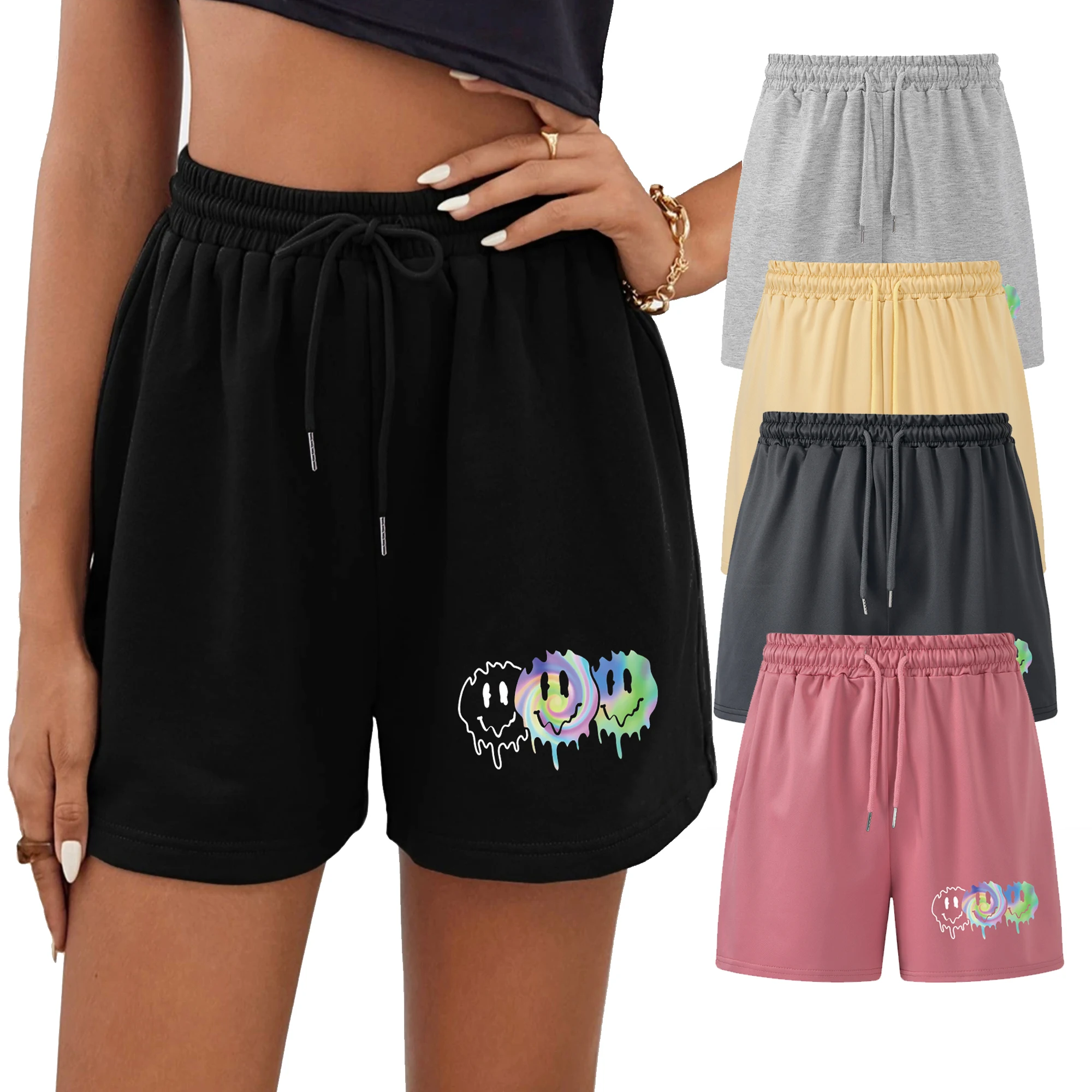 XUANSHOW Funny Face Printed Summer Shorts Drawstring Elastic Waist Shorts Casual Comfortable Shorts With Pockets For Summer