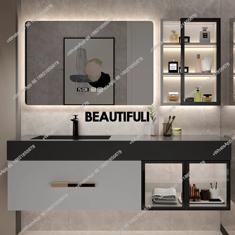 a17 New Light Luxury Slate Bathroom Cabinet Intelligent Induction Mother-in-law Washbasin Wash Toilet Solid Wood Wall Mounted So