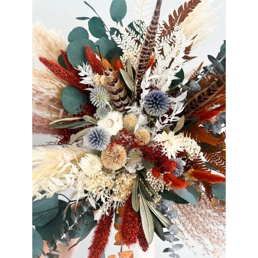 Dried Flower Bouquet,Terracotta,Dusty Blue,Pheasant Feather Bouquet,Bride and Bridesmaids,Wedding Flowers