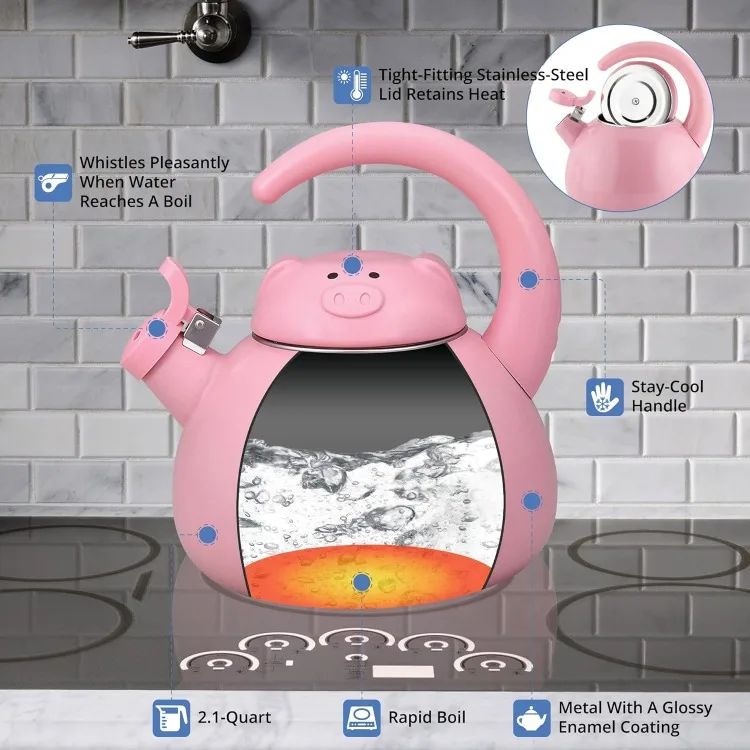 Whistling Tea Kettle for Stove Top Enamel on Steel Teakettle,  Pink Pig Design Teapot Water Kettle Cute Kitche