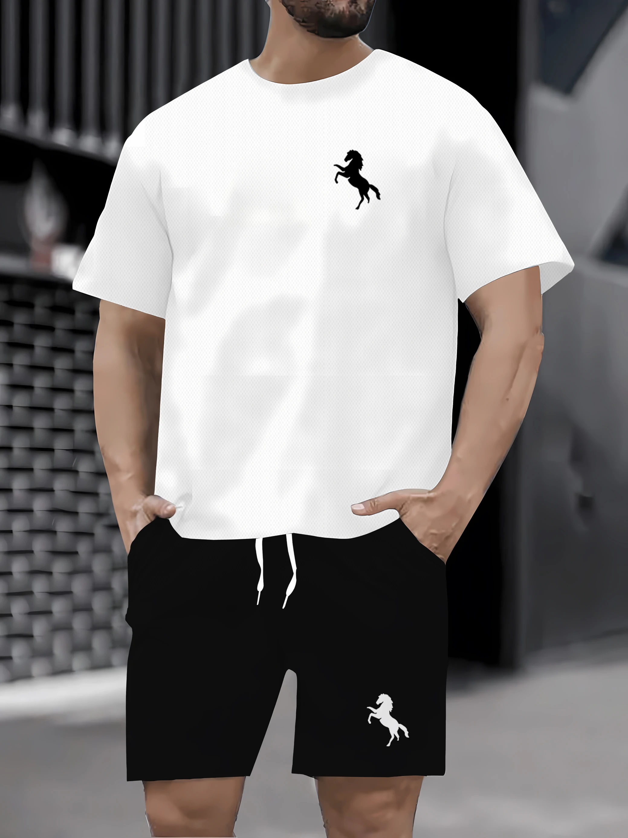 

Conjunto de camiseta e shorts casuais da moda de verão masculino solto padrão de chaminé impresso desportivo em torno do pescoço