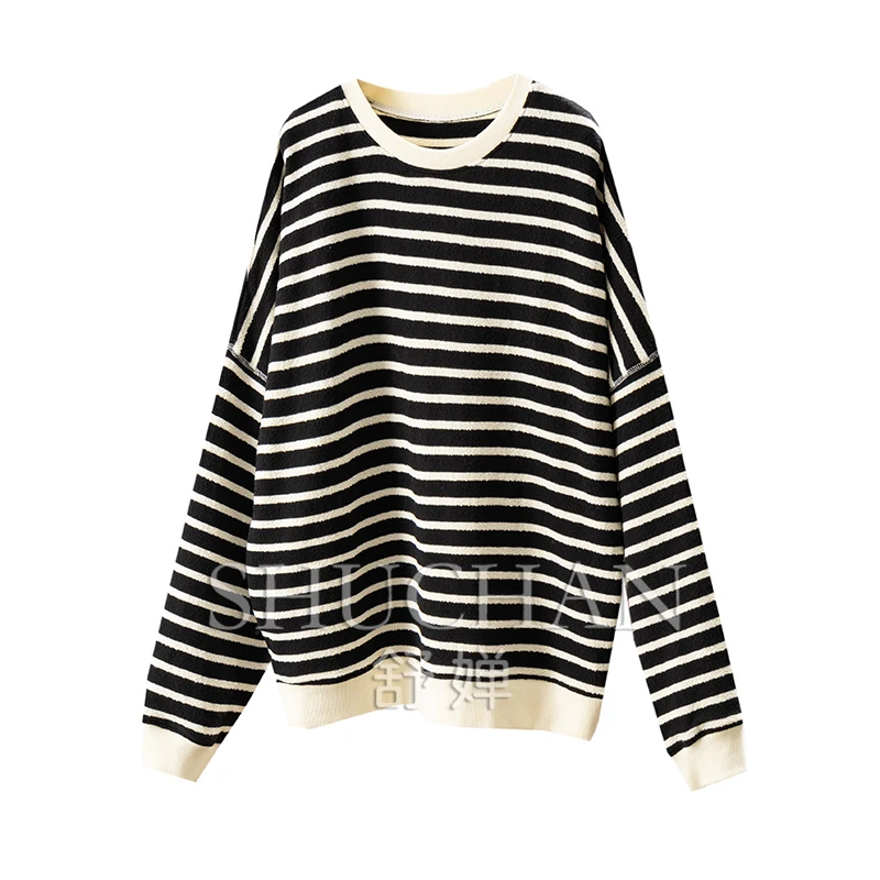 

Early autumn, foreign style from the inside out! French texture circle cotton striped long-sleeved sweater women 79B6