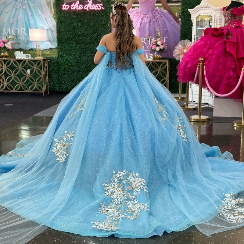 Aangepaste blauwe glanzende lieverd quinceanera jurk baljurk met cape applicaties kant kralen sweet 16 vestidos de fiesta yqd547