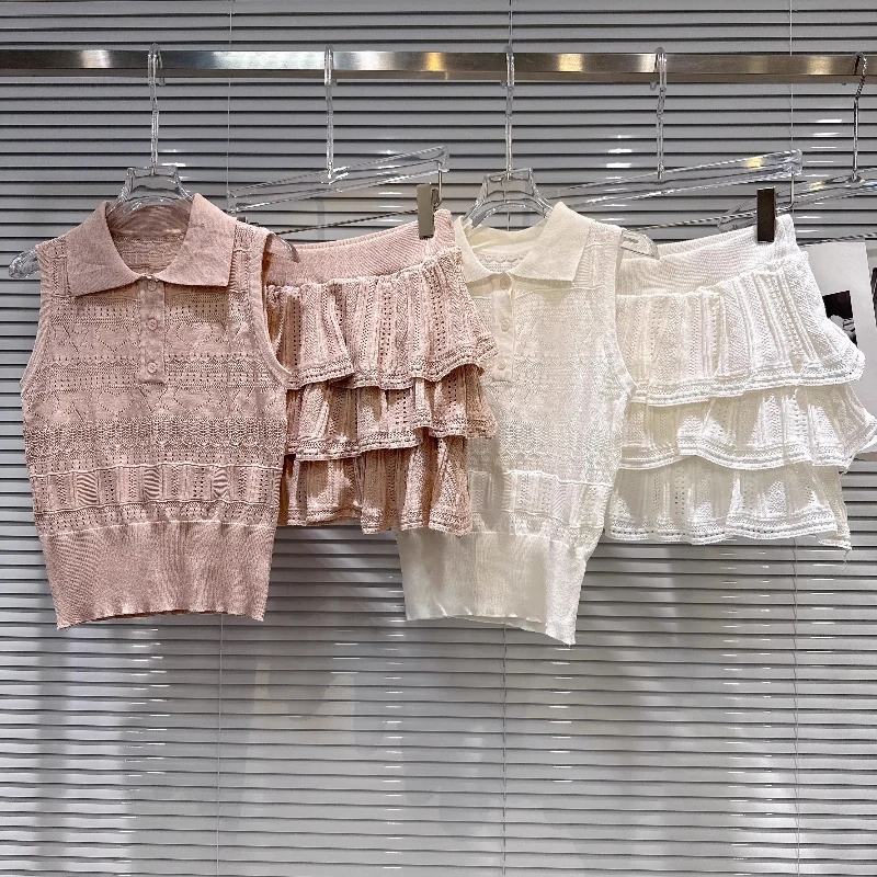 

2026 Summer New Sweet Hollow Out Women's Vest Original Retro Design Versatile Multi-layer Cake Skirt Knitted Skirts Suit Ladies