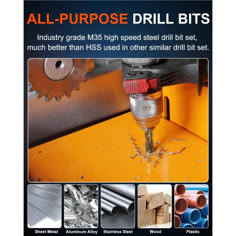 مجموعة لقم الثقب 115 قطعة (1/16 بوصة - 1/2 بوصة)، لقم الثقب M35 HSS، طول الوظيفة، ساق مستقيمة، مجموعة لقم التدريبات المعدنية