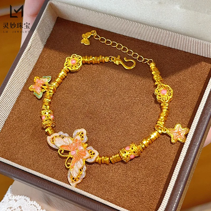 

9999 gold pink purple butterfly dish wrap bracelet 24K real gold sweet style Ruyi Fu Butterfly bracelet Chinese style