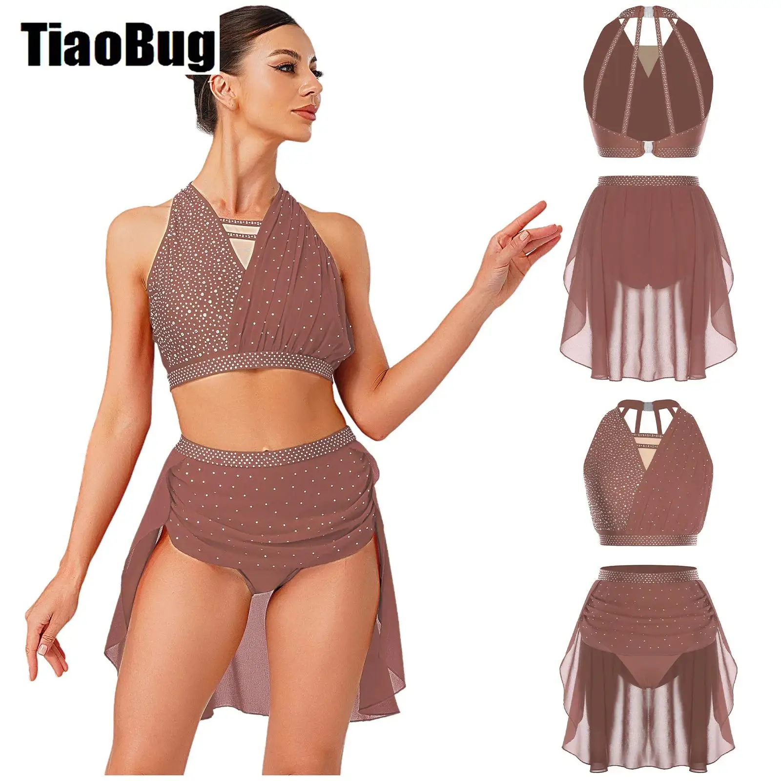 Women Modern Lyrical Dance Outfit Sleeveless Halter Crop Top And Irregular Skirt Rhinestone Gymnastics Skating Ballet Dancewear