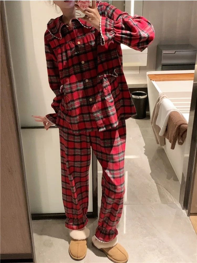 Plaid Pajama Sets Women Loose Cute Spring Korean Style Panelled Pockets Homewear Daily All-match Youthful Vitality Leisure Ins