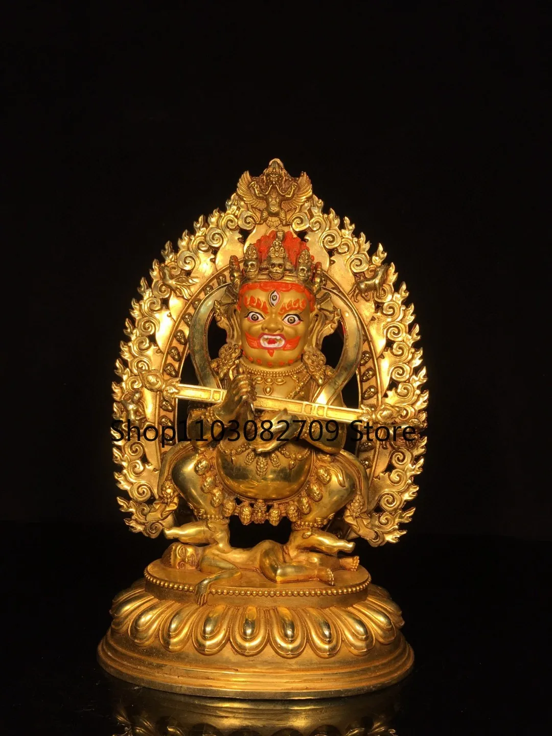 Tibetan Brass Gilt Painting Face Backlight King Kong Black Sky God of Wealth Home Buddhist Hall Supplies 33cm Ornament