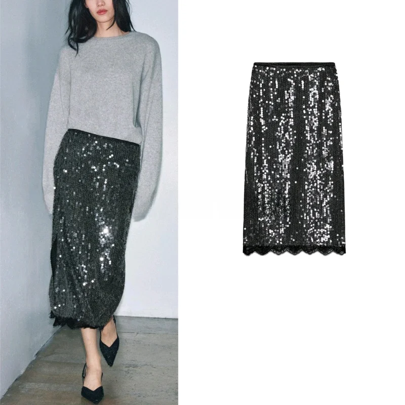 

Winter New Women's Simple Design Zipper Mid-Waist Bead Lace Decoration f Skirt Casual Sle Ci Commute Stand Fit