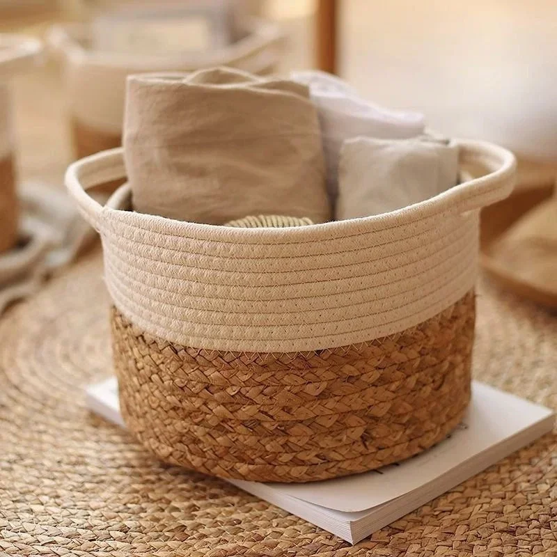Straw woven cotton rope storage basket, large size, household Desktop Miscellaneous Basket, Storage Bathroom Dirty Clothes Baske