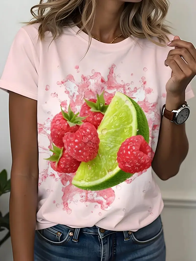

Women's T-Shirt Fruit 3d Printing Retro Fashion Casual Round Neck Short-Sleeved Top Summer Street Oversized Women's Clothing
