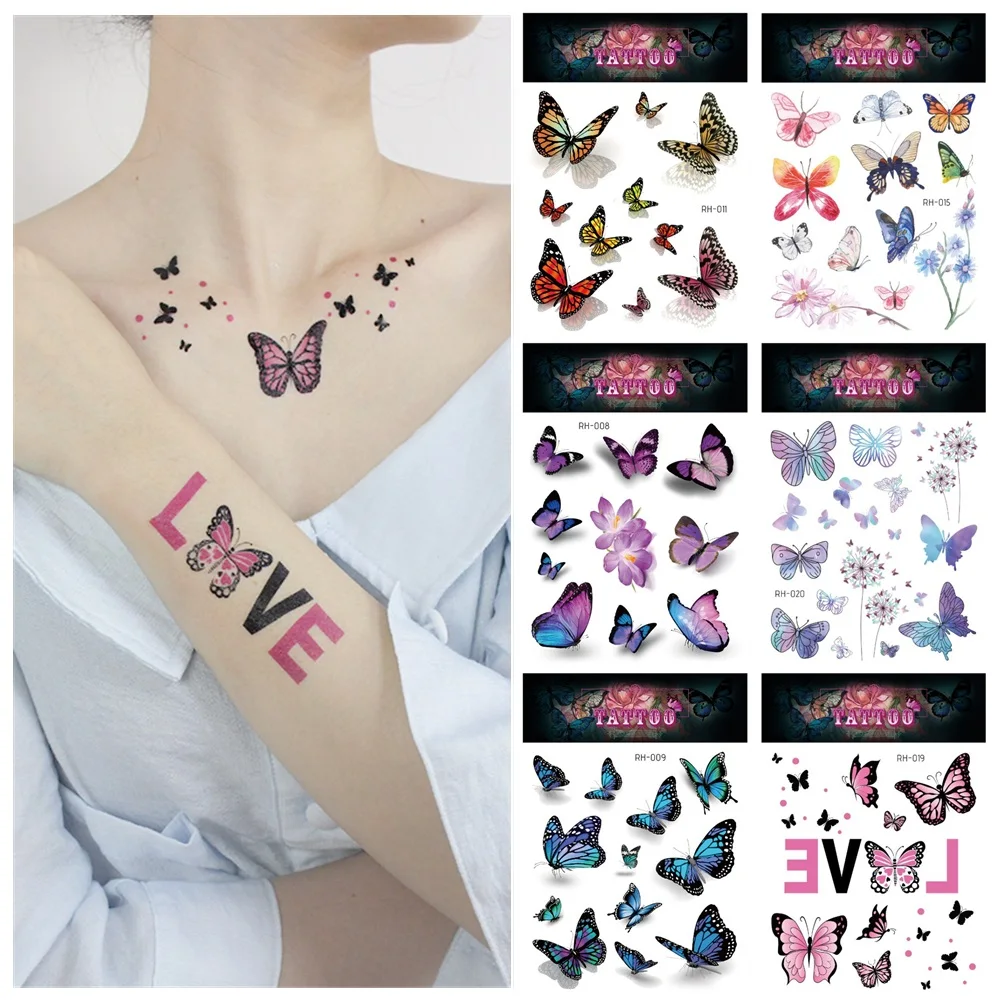 Festival 3D Butterfly Tattoo Flowers Watercolor Temporary Body Art Sticker Disposable Make Up Concealer  tatouage temporaire