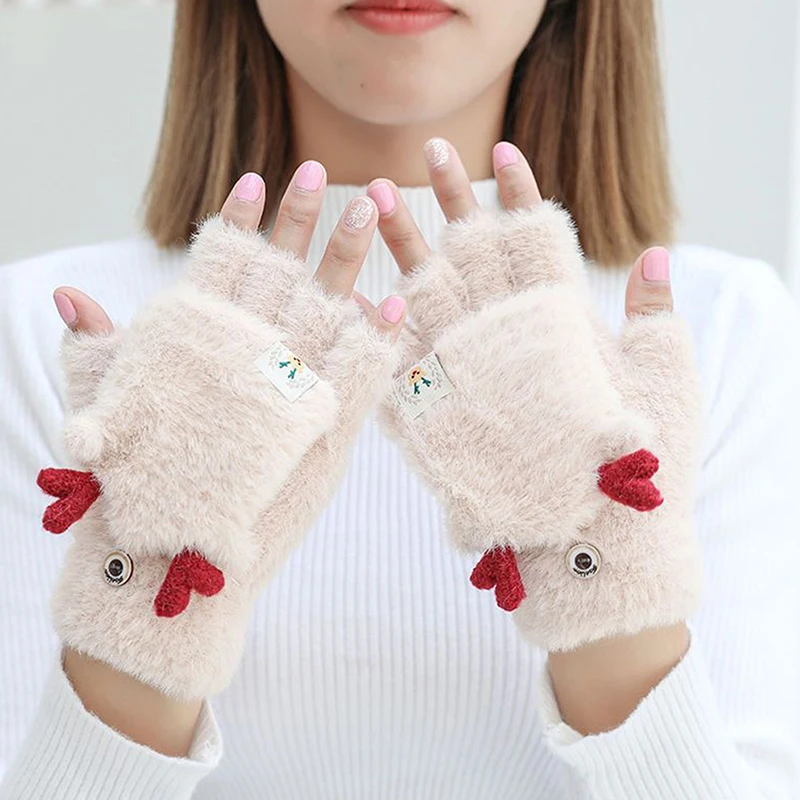 Cute Deer Plush Fingerless Gloves Female Winter Mitten Soft Warm Student Women Flip Gloves Outdoor Write Gloves Thickened