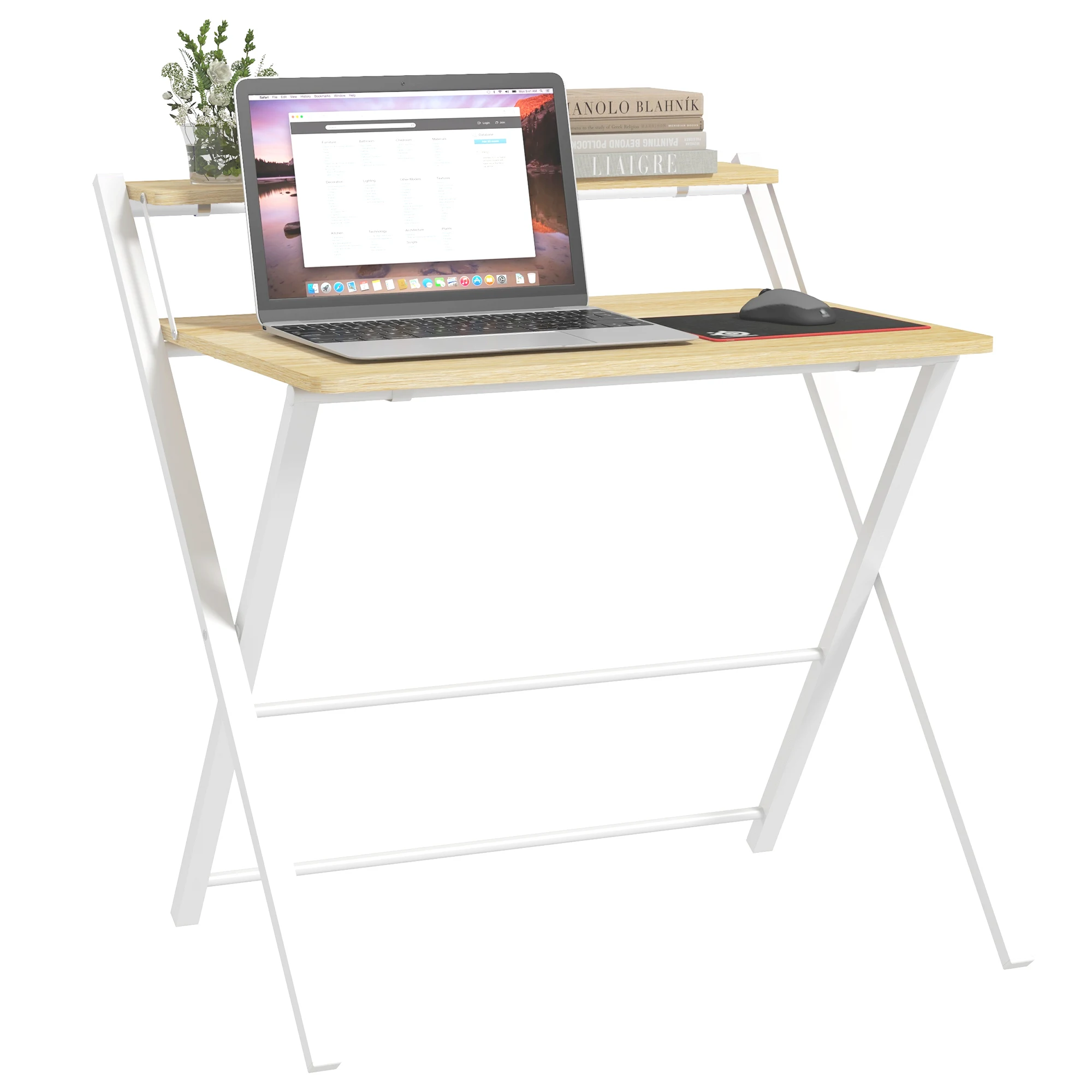 HOMCOM folding desk table with shelf 81,5x70x84 cm Natural and White