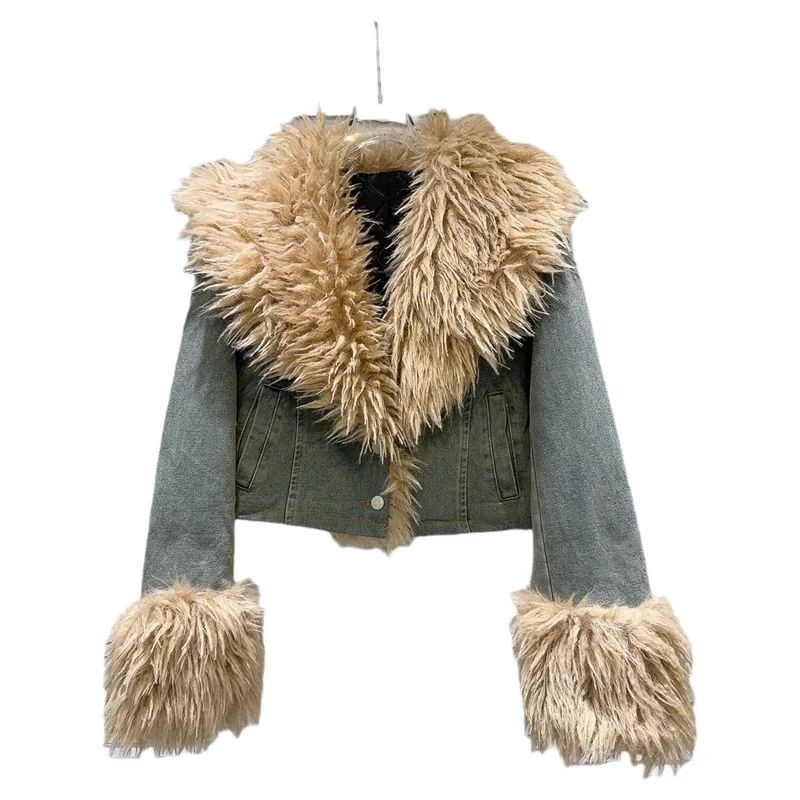 2024 Winter New Vintage Spice Girl Big Hair Collar Cuffs Thin Cotton Padded Denim Jacket Short Coat for Women Cropped Parka