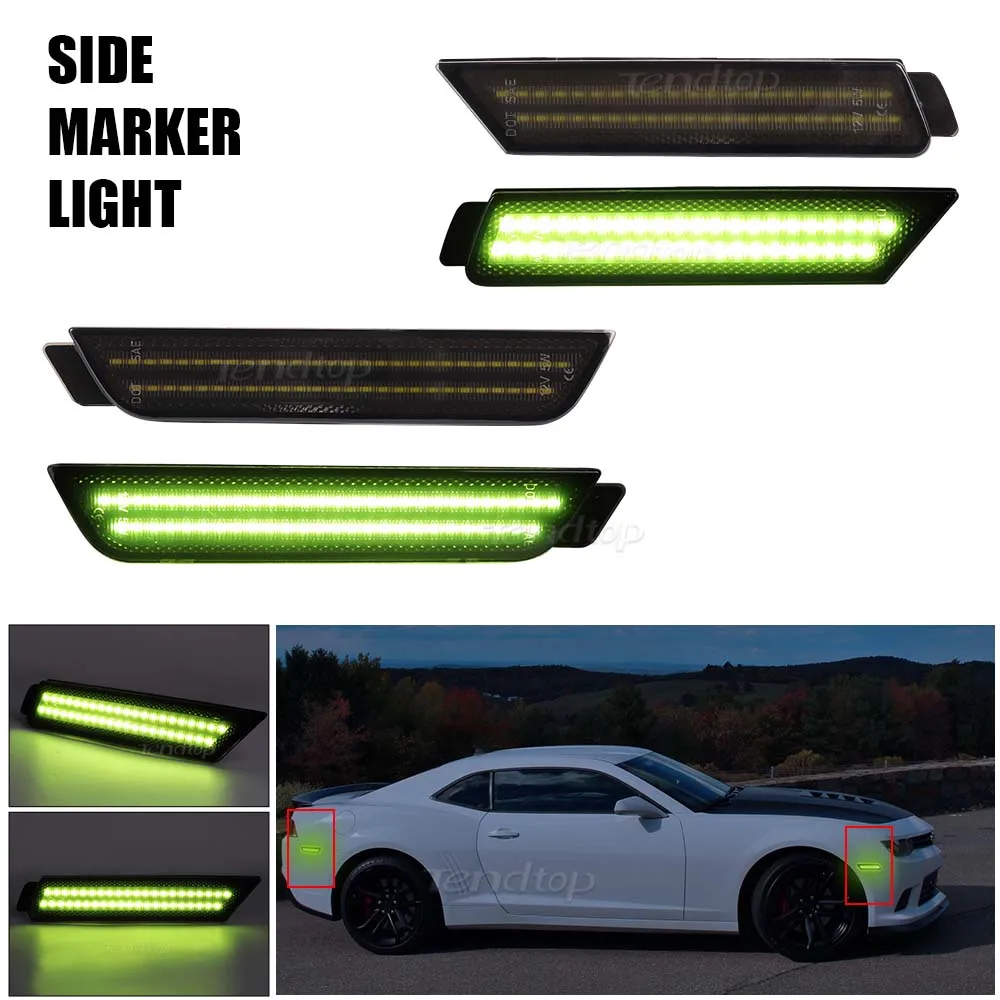 4Pcs Smoked LED Bumper Side  Marker Light For Chevy Camaro 2010 2011 2012 2013 2014 2015 Green LED Front Rear Fender Lamps