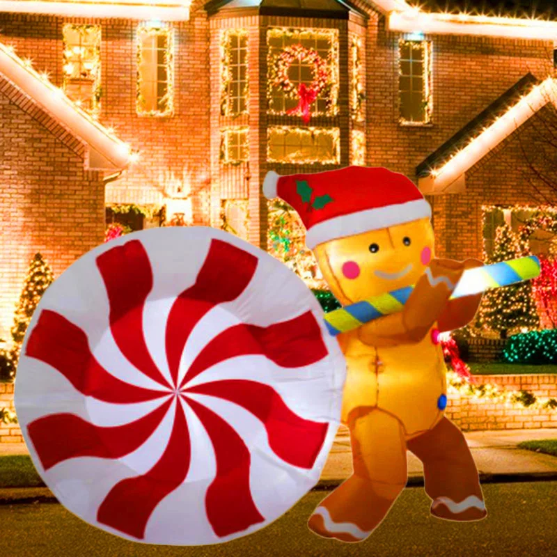 5FT Decorazione gonfiabile di Natale Giocattolo Caramelle Gingerbread Man Luci a LED integrate Giardino esterno Festival Scena di feste Decorazioni natalizie