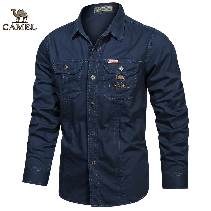 2024 Camel Authentic Emblem Spring and Autumn Season New Shirts for Men\'s Long sleeved Pure Cotton Casual Solid Color Shirts for