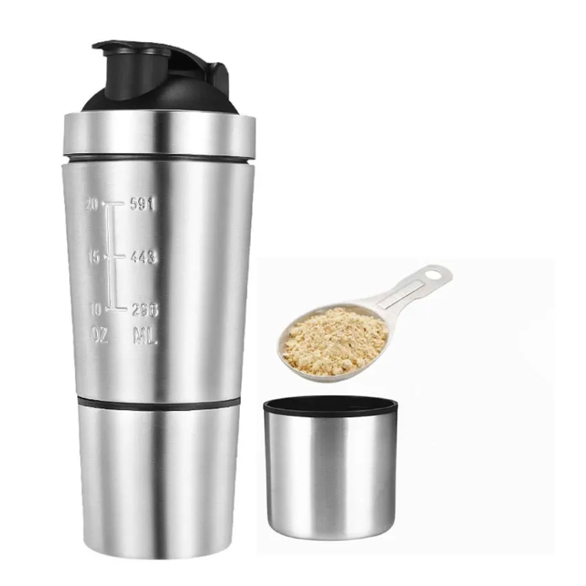 Single-layer Stainless Steel Double Section Shaking Cup with Scale Storage Tank Fitness Protein Powder Mixing Cup 304